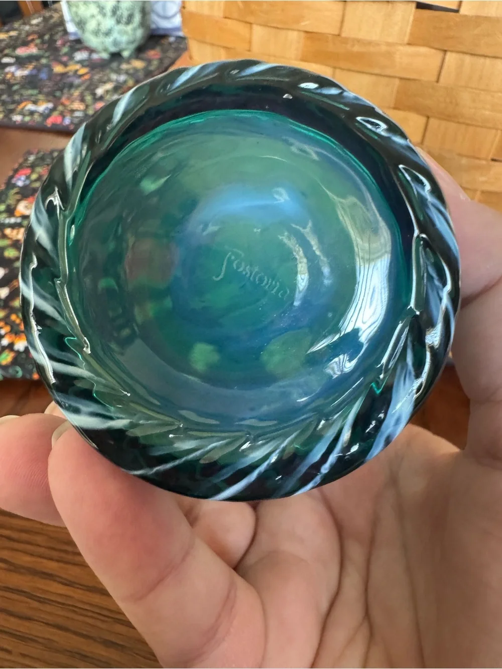 Fostoria Homespun Drinking Glass Vintage Blue Opalescent Tumbler MCM Swirl Teal